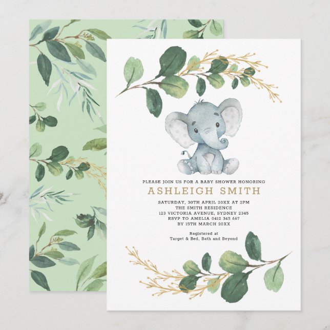 Invitation Baby shower de la jungle des éléphants (Devant / Derrière)