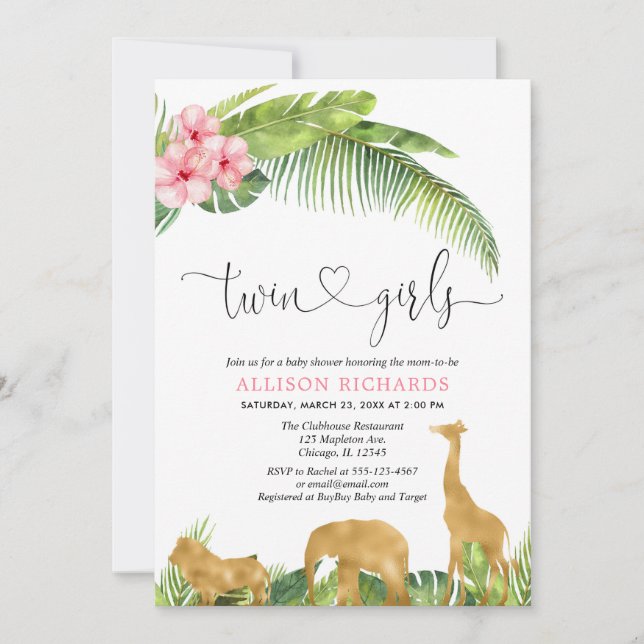 Invitation Baby shower de la jungle en or rose jumelles (Devant)