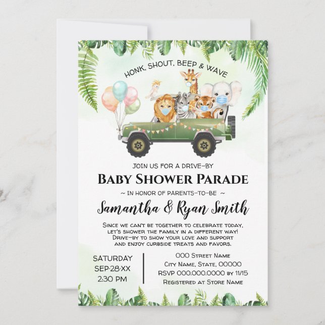 Invitation Baby shower De La Jungle En Voiture Pour Les Anima (Devant)