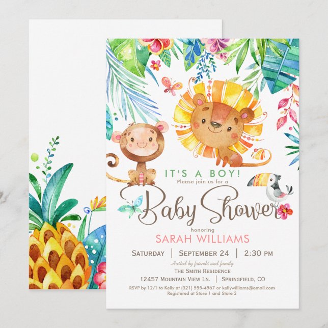 Invitation Baby shower de la jungle tropicale, garçon ou fill (Devant / Derrière)