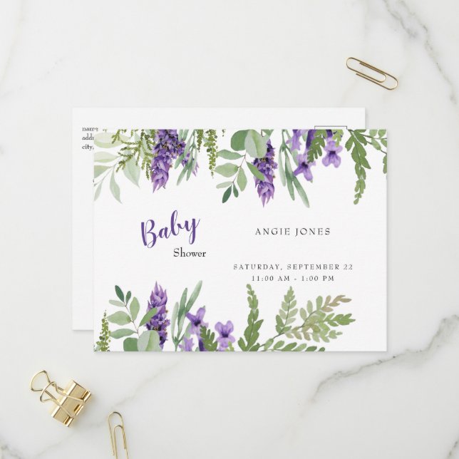 Invitation Baby shower de la lavande de feuillage  (Devant/Arrière en situation)