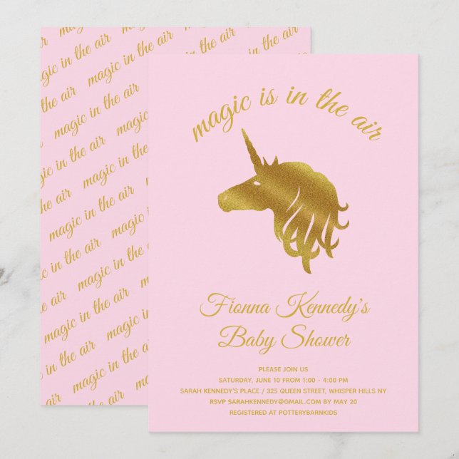 Invitation Baby shower de la licorne rose magique (Devant / Derrière)