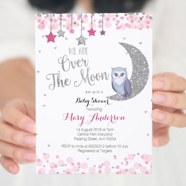 Invitation Baby shower de la lune de Chouette rose argent (Créateur téléchargé)