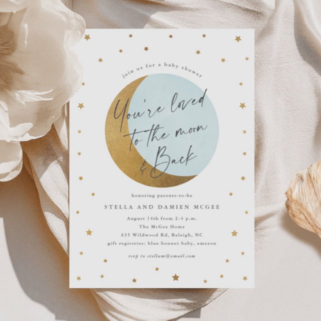 Invitation Baby shower de la lune de script et des étoiles (Elegant Script Gold Moon and Stars Blue Boys Baby SHower Invitations.)