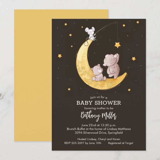 Invitation Baby shower de la lune et des étoiles (Devant / Derrière)