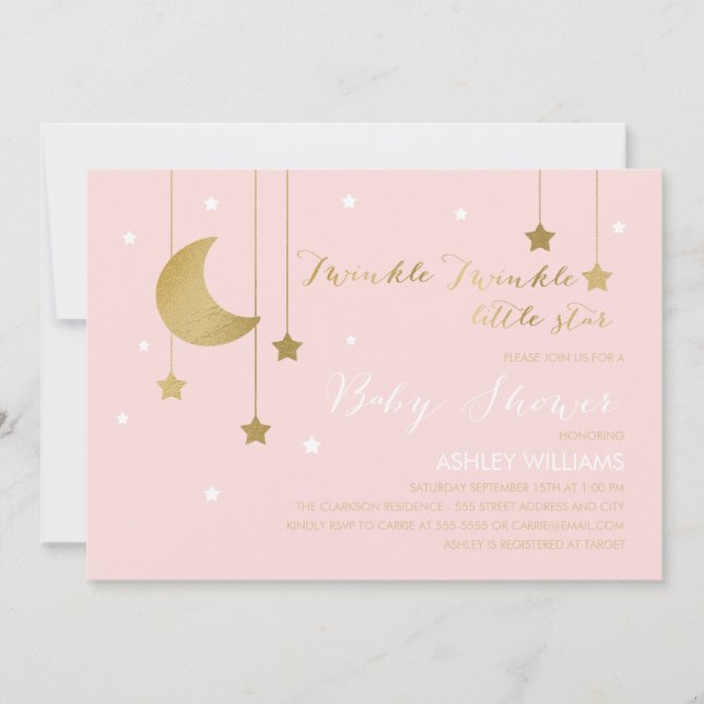 Invitation Baby shower de la Lune rose et des étoi (Devant)