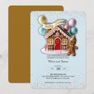 Invitation Baby shower de la maison en pain d'épice d'or