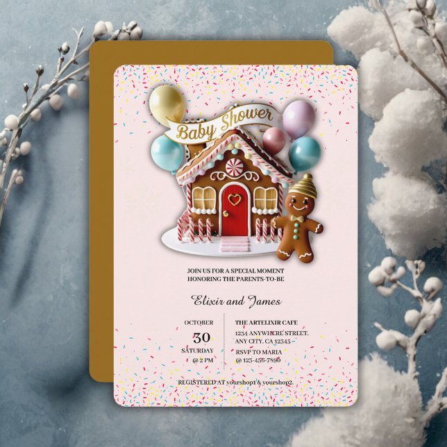 Invitation Baby shower de la maison en pain d'épice d'or (Créateur téléchargé)