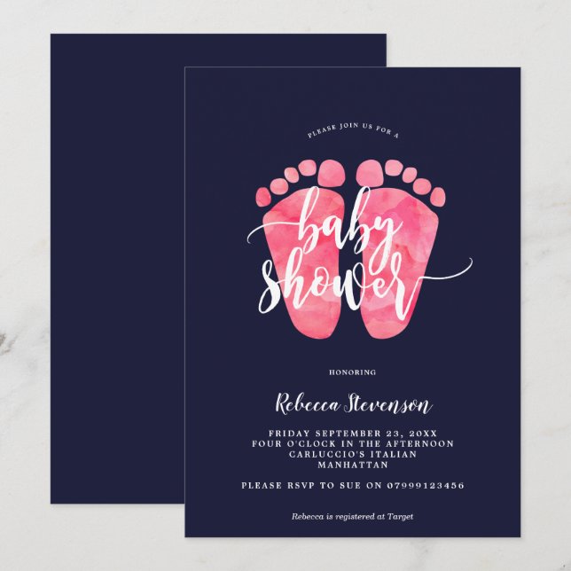 invitation baby shower de la marine aux pieds rose (Devant / Derrière)