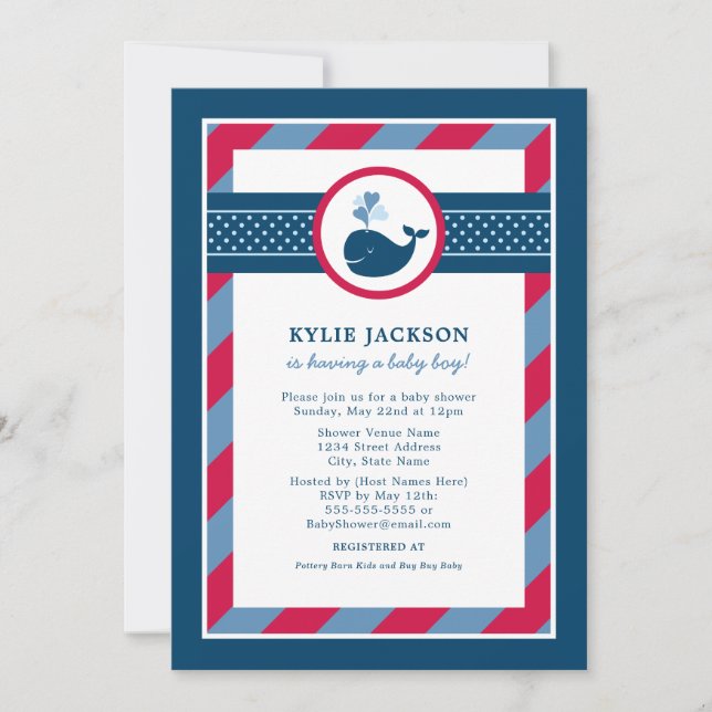 Invitation Baby shower de la Marine Bleue Baleine Rouge Boy (Devant)