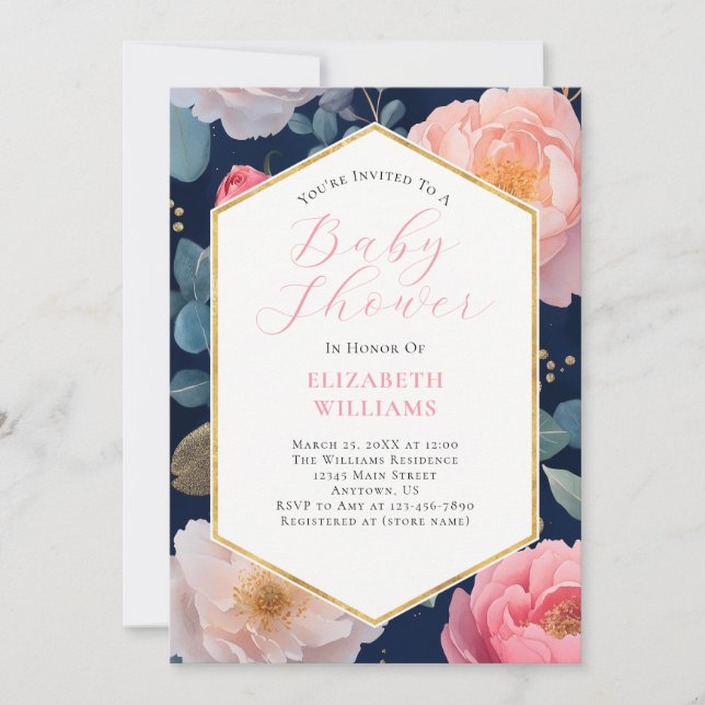 Invitation Baby shower de la Marine Blue Pink Peonies Invitat (Devant)