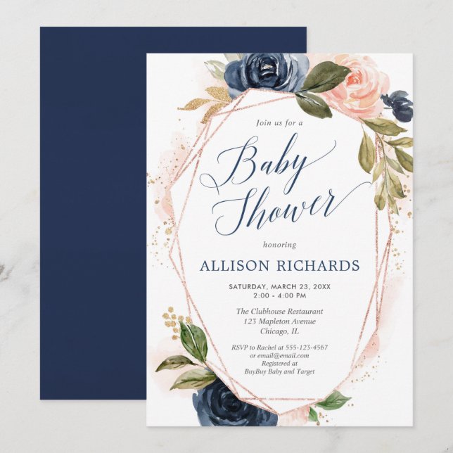 Invitation baby shower de la marine d'or rosée rose rousse gé (Devant / Derrière)