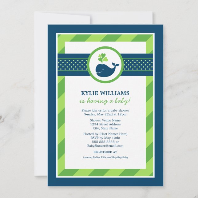 Invitation Baby shower de la Marine marine Blue Green Whale B (Devant)