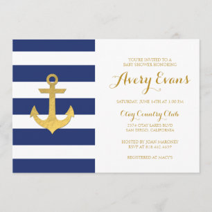 Invitation Baby shower de la marine nautique avec Ancre d'or