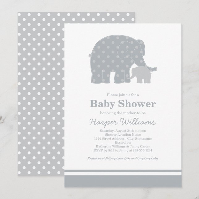 Invitation Baby shower de la mère Eléphant Grey Dots (Devant / Derrière)