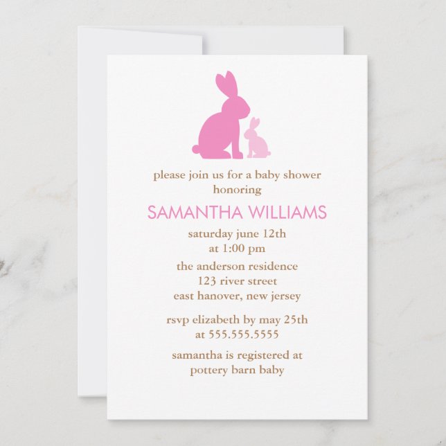 Invitation Baby shower de la mère rose et du bébé lapin (Devant)