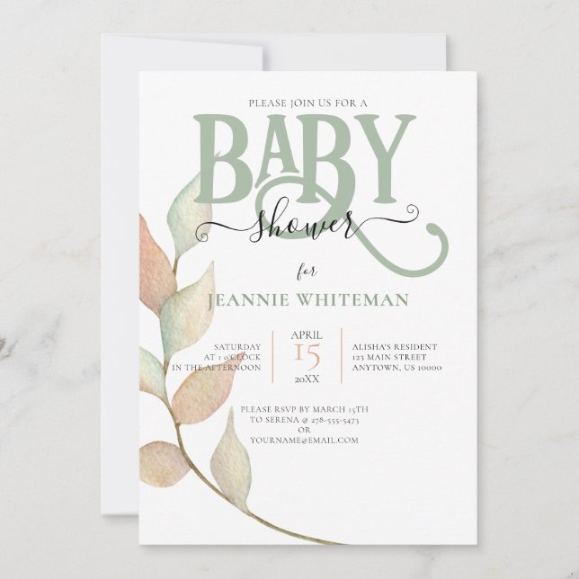 Invitation Baby shower de la mousse et de la pêche botaniques (Devant)