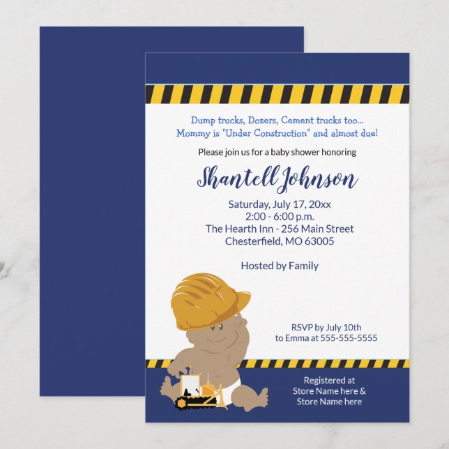 Invitation Baby shower de la peau foncée du bébé de construct (Devant / Derrière)