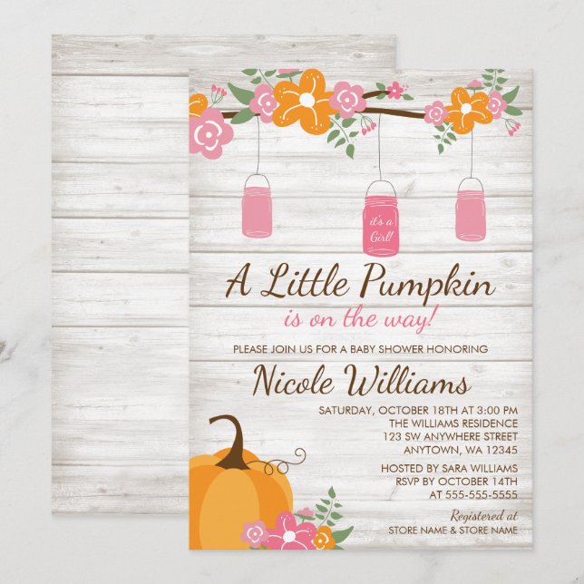 Invitation Baby shower de la petite Citrouille Mason Jars Fal (Devant / Derrière)