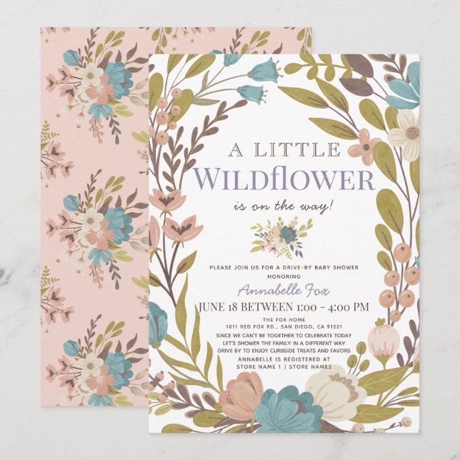 Invitation Baby shower de la petite fille Fleur sauvage (Devant / Derrière)