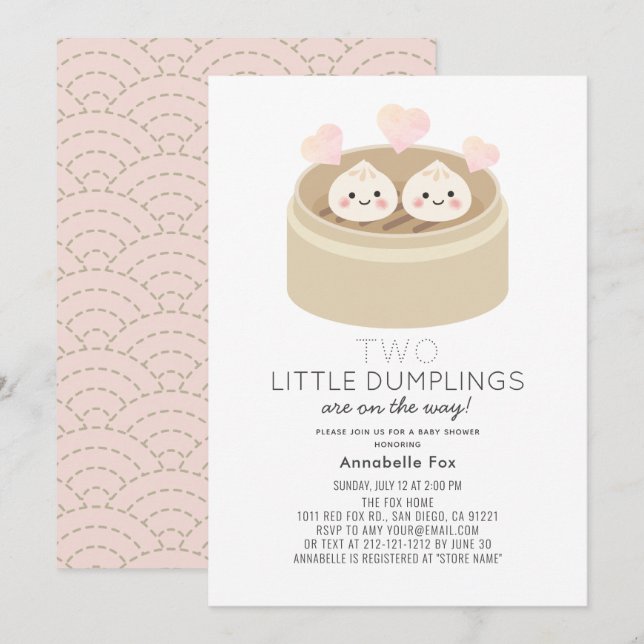 Invitation Baby shower de la petite fille Jumelée (Devant / Derrière)