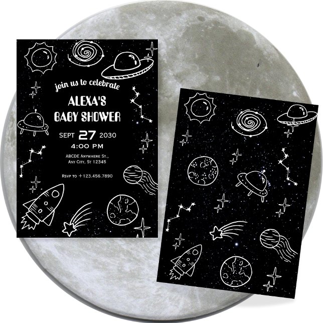 Invitation Baby shower de la planète spatiale noire et blanch (Créateur téléchargé)