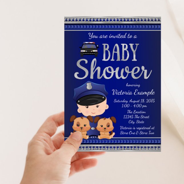 Invitation Baby shower de la police canine (Cute blue and silver police and canine puppies baby shower invitation. Simply add your event details)