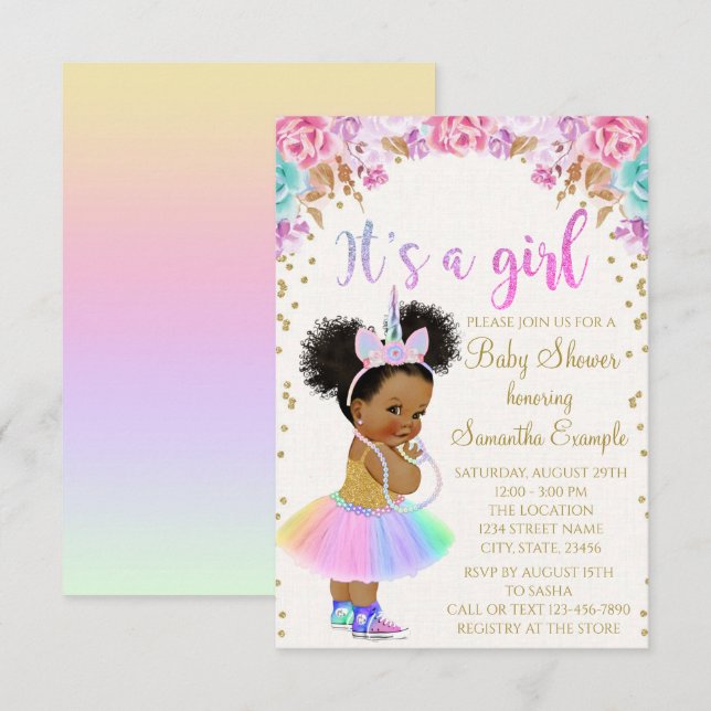 Invitation Baby shower de la princesse afro-américaine Unicor (Devant / Derrière)