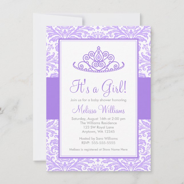 Invitation Baby shower de la princesse Crown Girl Purple Dama (Devant)