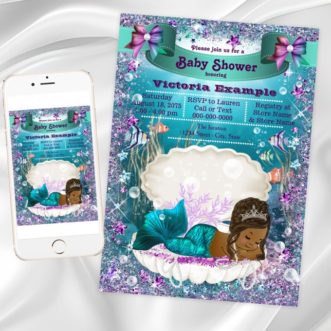 Invitation Baby shower de la princesse Mermaid africaine amér (African American Mermaid Princess Baby Shower Invitation. Instant download & printed invitations.)