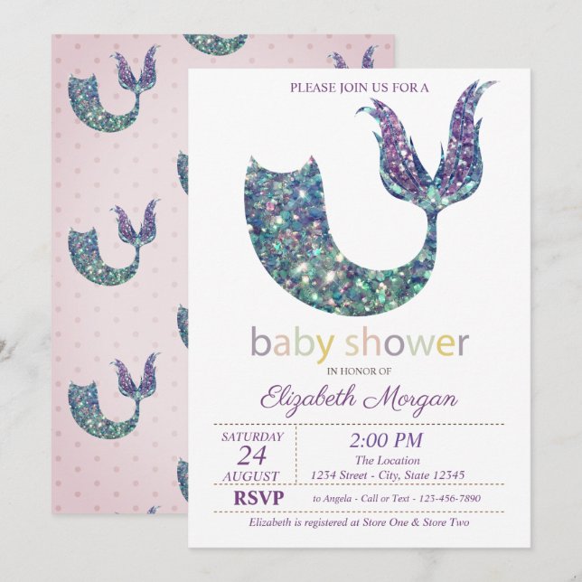 Invitation Baby shower de la queue de sirène mignonne (Devant / Derrière)