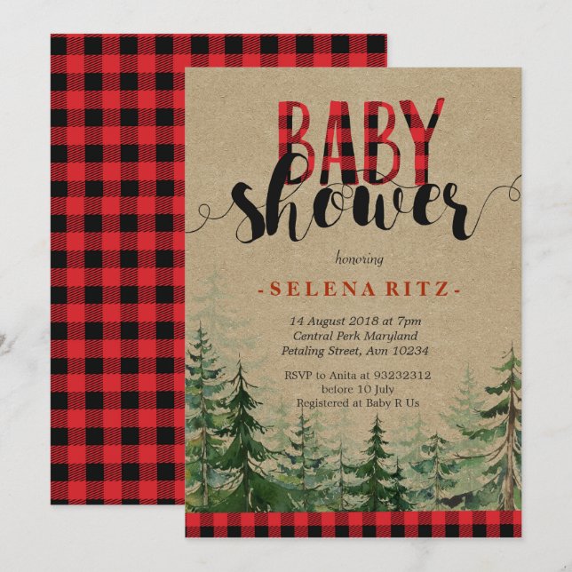 Invitation Baby shower de la sériole de bois de bois de plaid (Devant / Derrière)