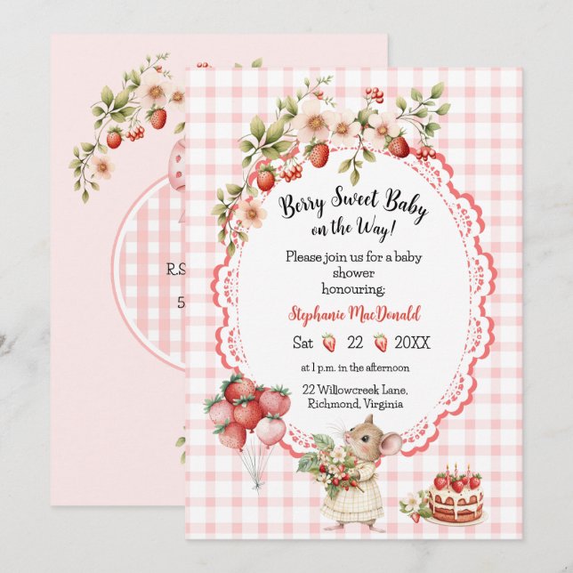Invitation Baby shower de la souris fraise (Devant / Derrière)
