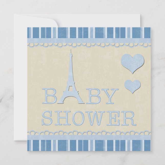 Invitation Baby shower de la Tour Eiffel et des Coeurs Bleus  (Devant)