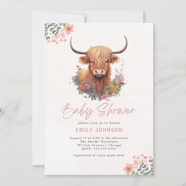 Invitation Baby shower de la vache de Boho Highland (Devant)