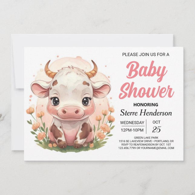 Invitation Baby shower de la vache rose à imprimer (Devant)