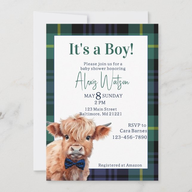 Invitation Baby shower de la vache verte plaid (Devant)