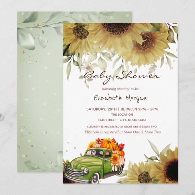 Invitation Baby shower de la voiture Citrouille Sunflowers (Devant / Derrière)