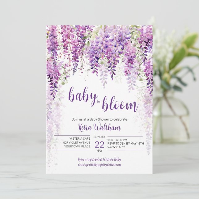 Invitation Baby shower de la Wisteria à l'aquarelle violette (Debout devant)