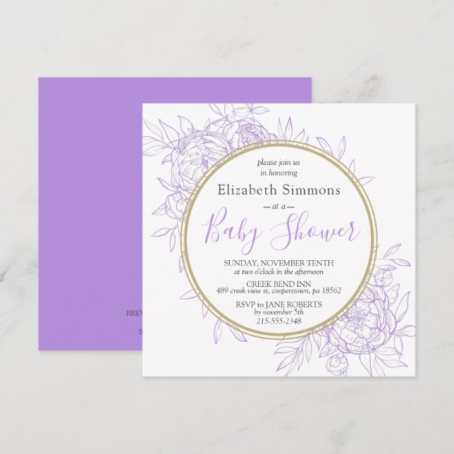 Invitation Baby shower de laiton violet de pivoine Floral Lav (Devant / Derrière)