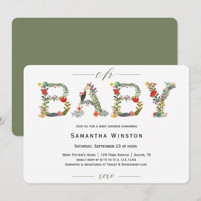 Invitation Baby shower de l'alphabet floral du boi (Devant / Derrière)