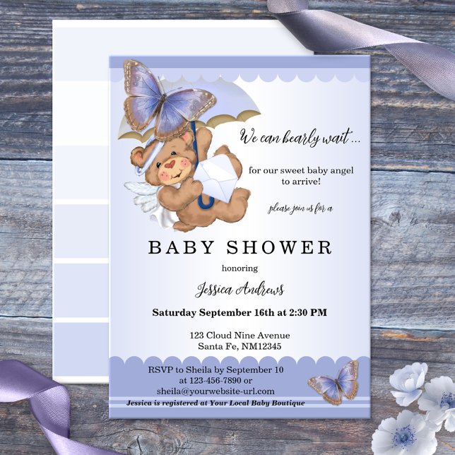 Invitation Baby shower de l'ange de l'ours de papillon lavand (A pretty lilac or lavender baby shower invitation with a cute angel bear and butterflies)