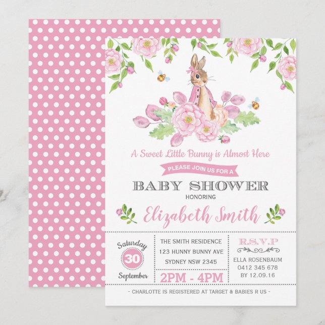 Invitation Baby shower de lapin à fleurs roses de Woodland Gi (Devant / Derrière)