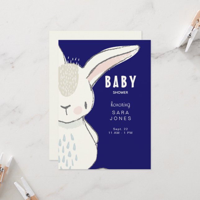 Invitation Baby shower de lapin couleur marine (Devant/Arrière en situation)