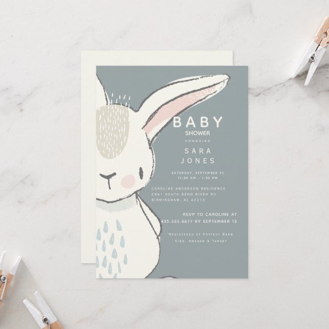 Invitation Baby shower de lapin d'aquarelle neutre (Devant/Arrière en situation)