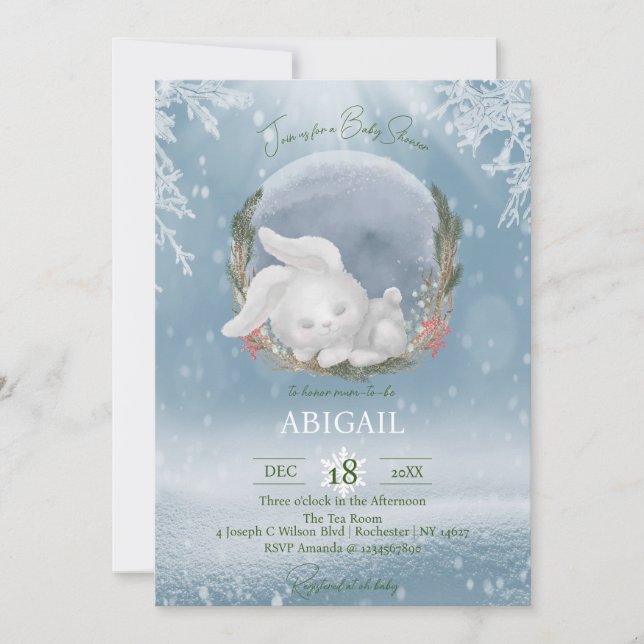 Invitation Baby shower de lapin d'hiver pour animaux des bois (Devant)