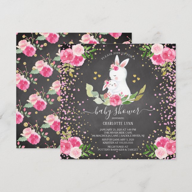 Invitation Baby shower de lapin doux (Devant / Derrière)