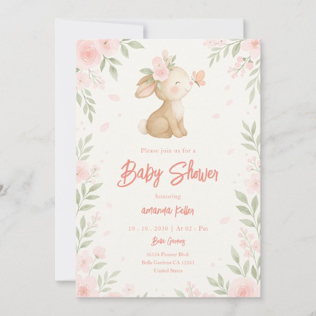Invitation Baby shower de Lapin Floral (Devant)