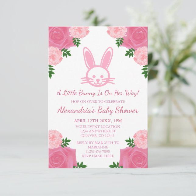 Invitation Baby shower de lapin rose (Debout devant)