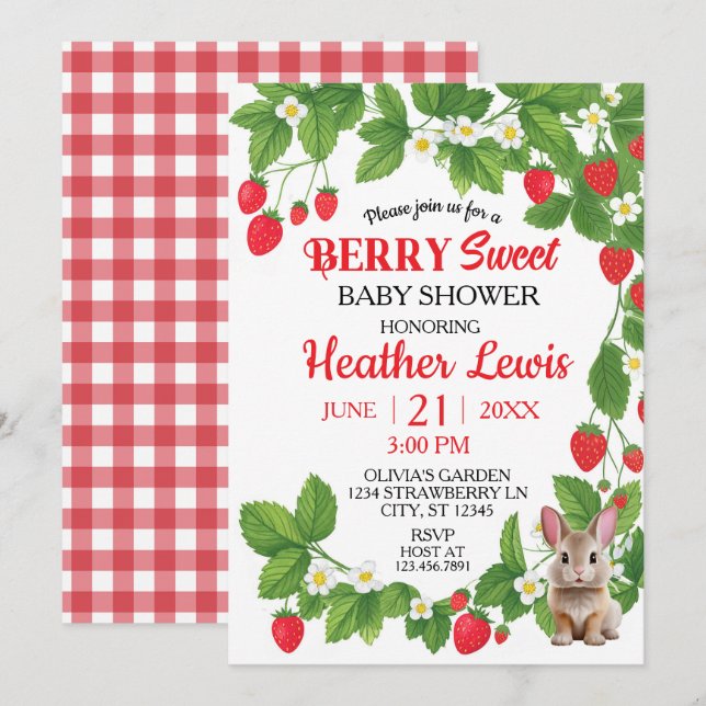 Invitation Baby shower de lapin sucré aux fraises (rouge et b (Devant / Derrière)